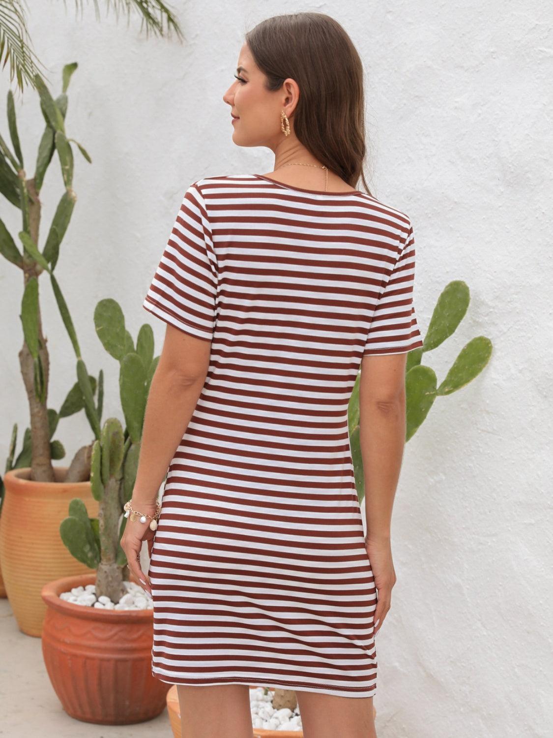 Cutout Striped Round Neck Short Sleeve Dress