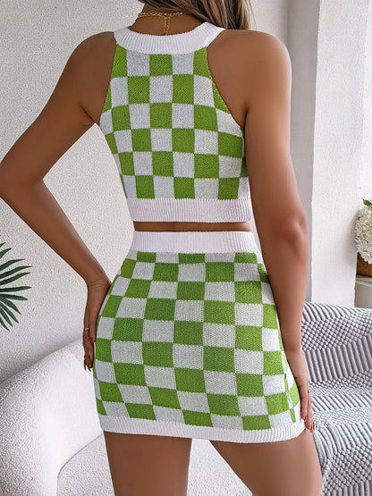 Checkered Grecian Neck Cami and Skirt Sweater Set Carauana Store