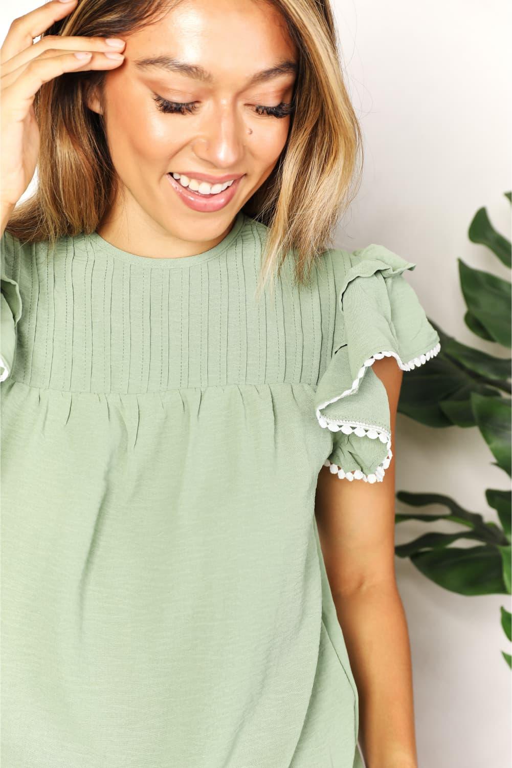 Perfee Pleated Detail Flutter Sleeve Blouse