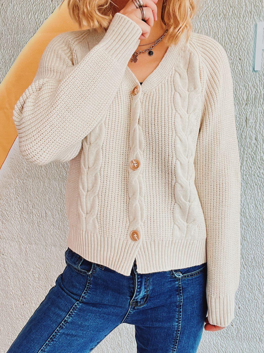 Cable-Knit V-Neck Button Down Long Sleeve Cardigan