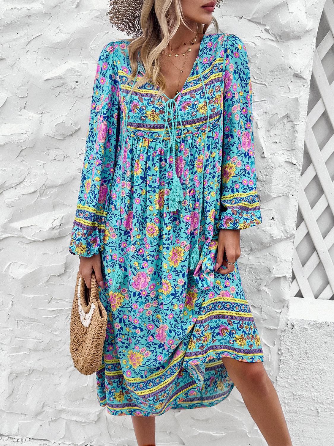 Tassel Tied Printed Long Sleeve Dress