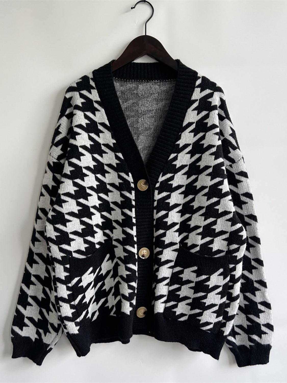 Houndstooth Botton Front Cardigan with Pockets