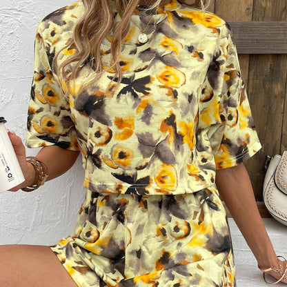 Printed Round Neck Dropped Shoulder Half Sleeve Top and Shorts Set