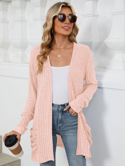 Pocketed Open Front Long Sleeve Cardigan