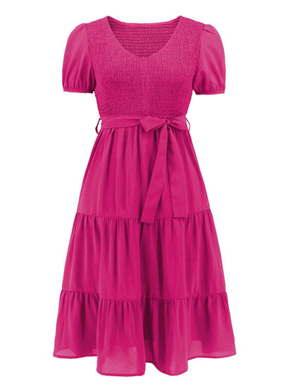 Smocked Tie Front Short Sleeve Tiered Dress