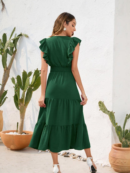 Tiered Ruffled V-Neck Cap Sleeve Dress