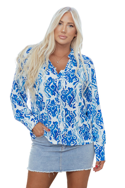 Sky Blue Ethnic Printed Tie Split Neck Button Front Puff Sleeve Shirt