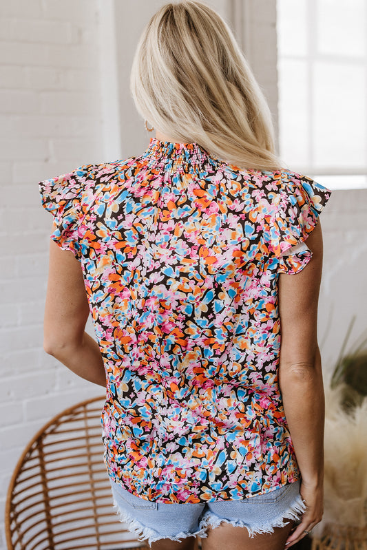 Orange Floral Print Flutter Sleeve Blouse Top
