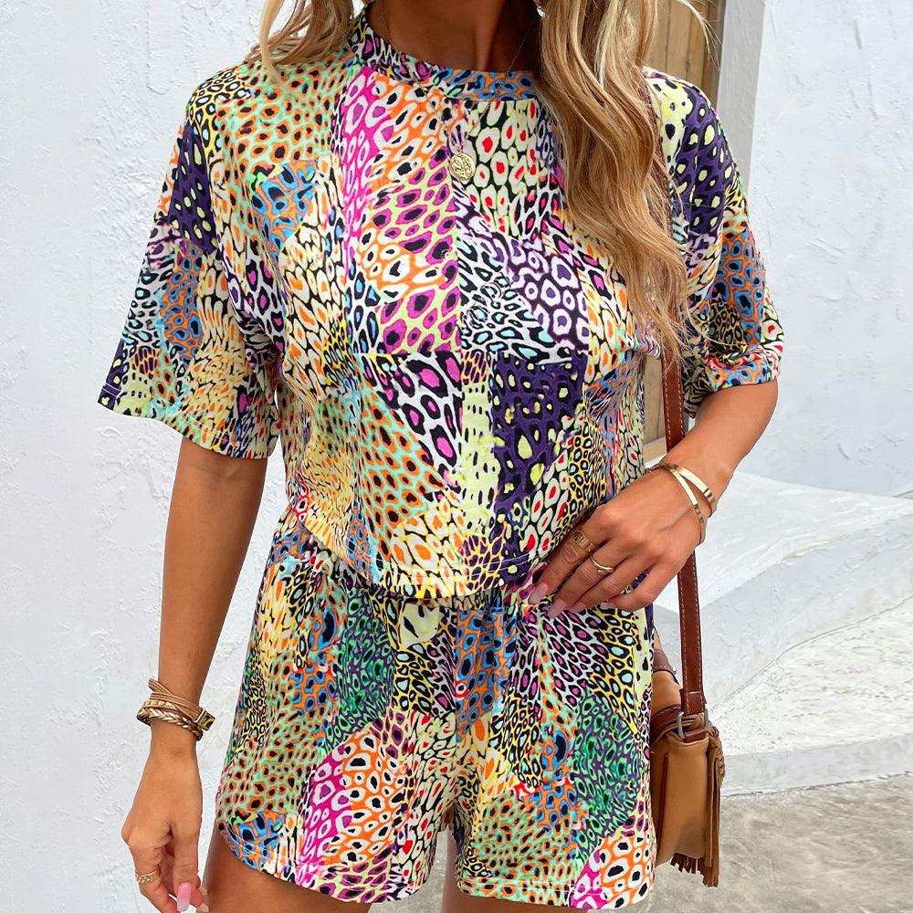 Printed Round Neck Dropped Shoulder Half Sleeve Top and Shorts Set