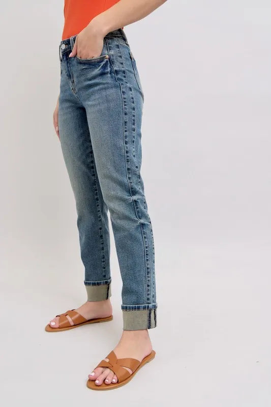 Judy Blue Full Size Mid Rise Vintage Wash Double Roll Cuff Boyfriend Jeans Plus Size Carauana Store