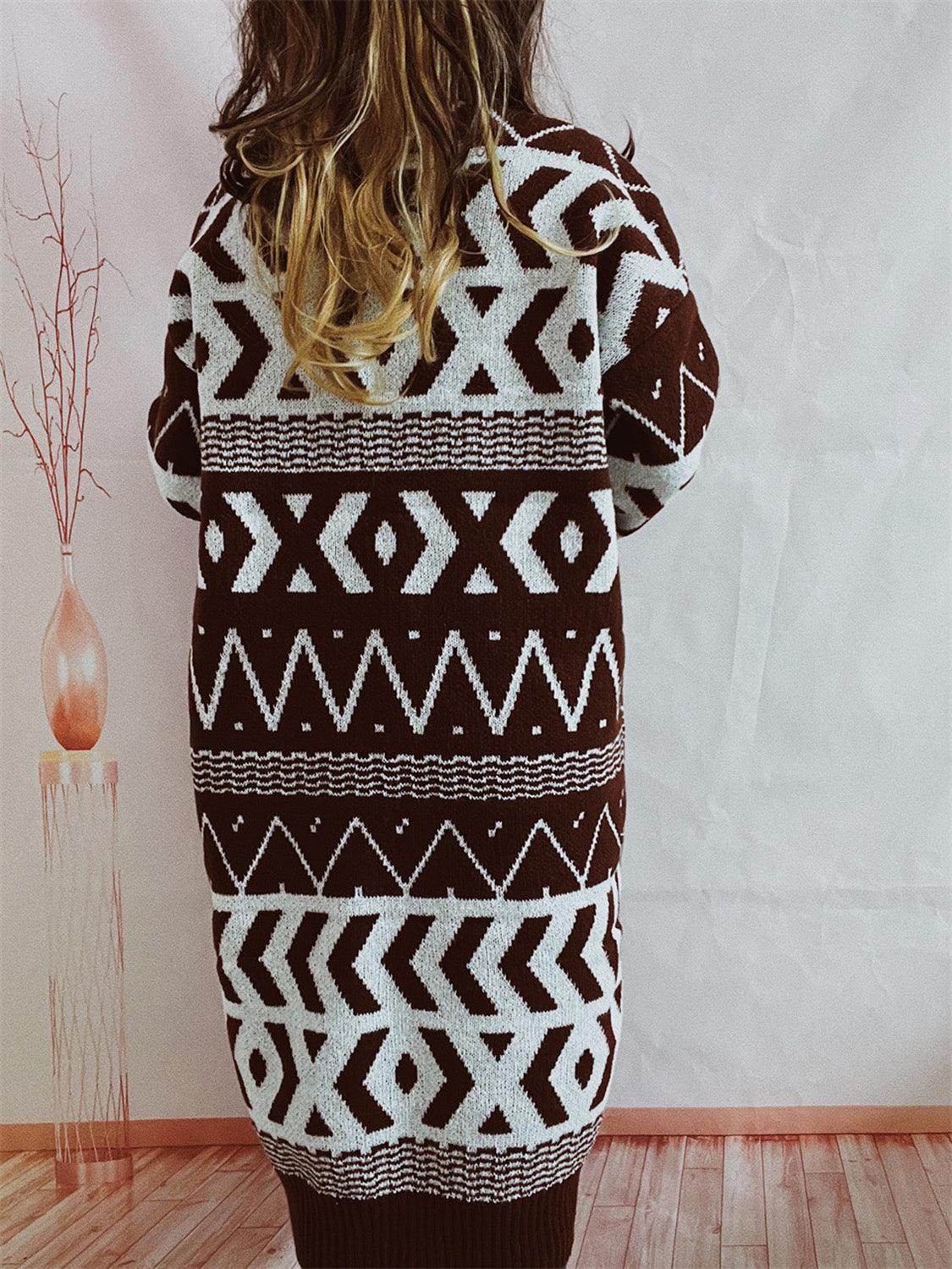 Geometric Button Front Longline Cardigan