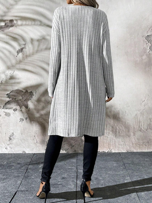 Ribbed Open Front Long Sleeve Cardigan with Pockets Carauana Store