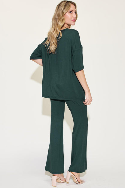 Basic Bae Full Size Bamboo Drop Shoulder T-Shirt and Flare Pants Set