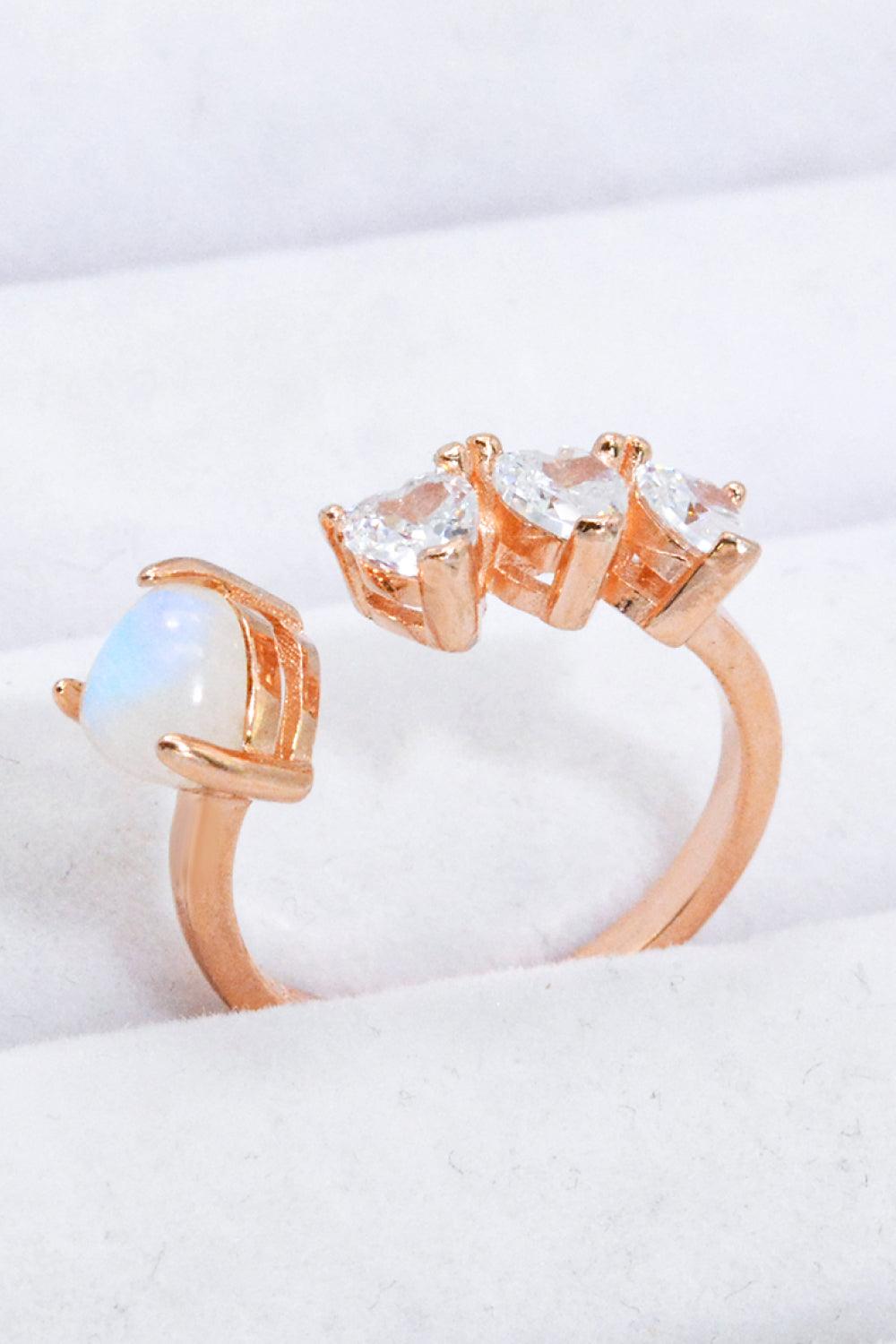 Natural Moonstone and Zircon Heart Open Ring