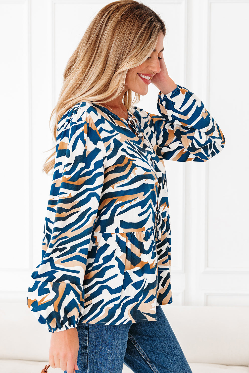 Blue Zebra Print Tied Front Puff Sleeve Top