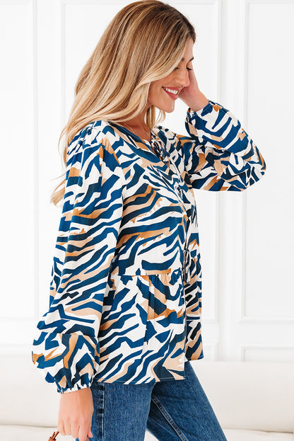 Blue Zebra Print Tied Front Puff Sleeve Top