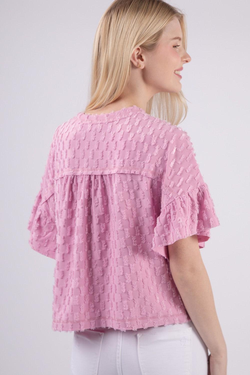 VERY J Full Size Texture Ruffle Short Sleeve Top