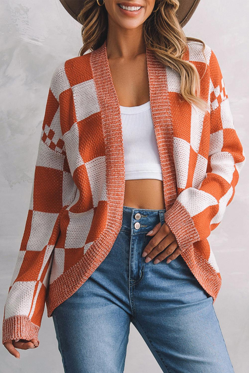 Plaid Open Front Dropped Shoulder Cardigan