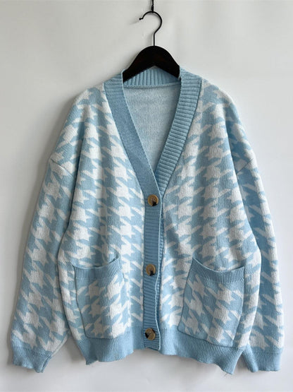 Houndstooth Botton Front Cardigan with Pockets