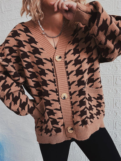 Houndstooth Botton Front Cardigan with Pockets