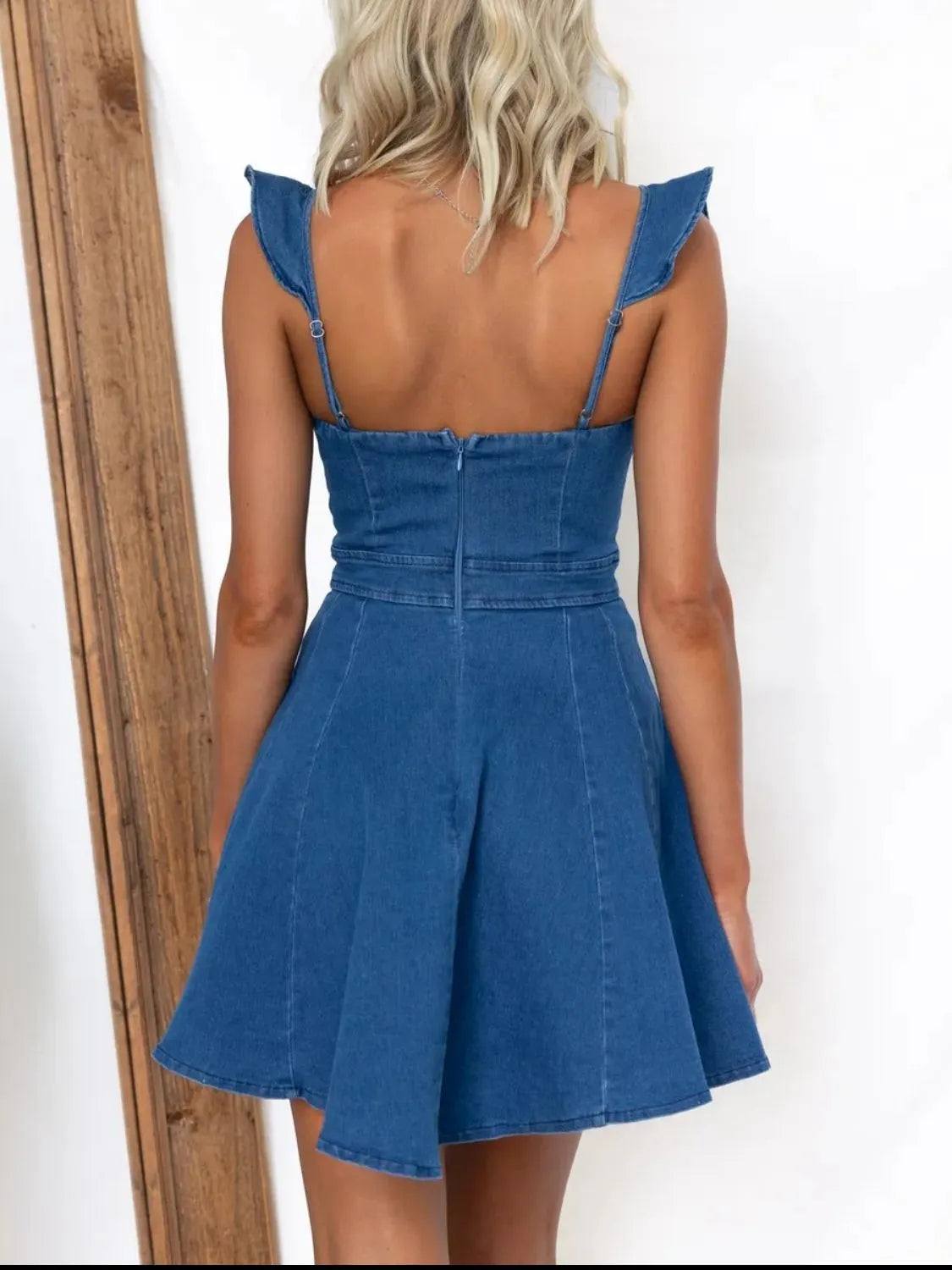 Ruffled Square Neck Denim Mini Dress Carauana Store