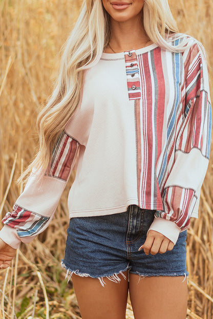Beige Striped Waffle Patchwork Exposed Seam Raw Edge Casual Knit Top