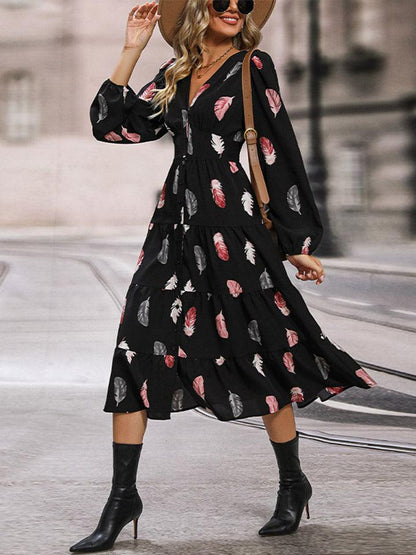 Printed V-Neck Slit Dress