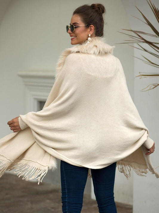 Fringe Open Front Long Sleeve Poncho Carauana Store
