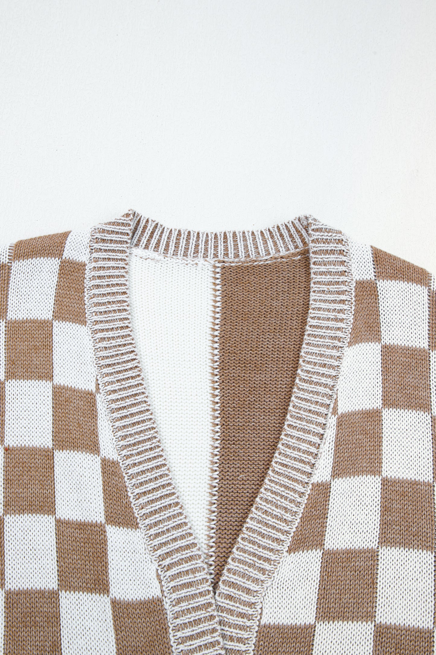 Brown Checkered Bubble Sleeve Drop Shoulder Open Cardigan