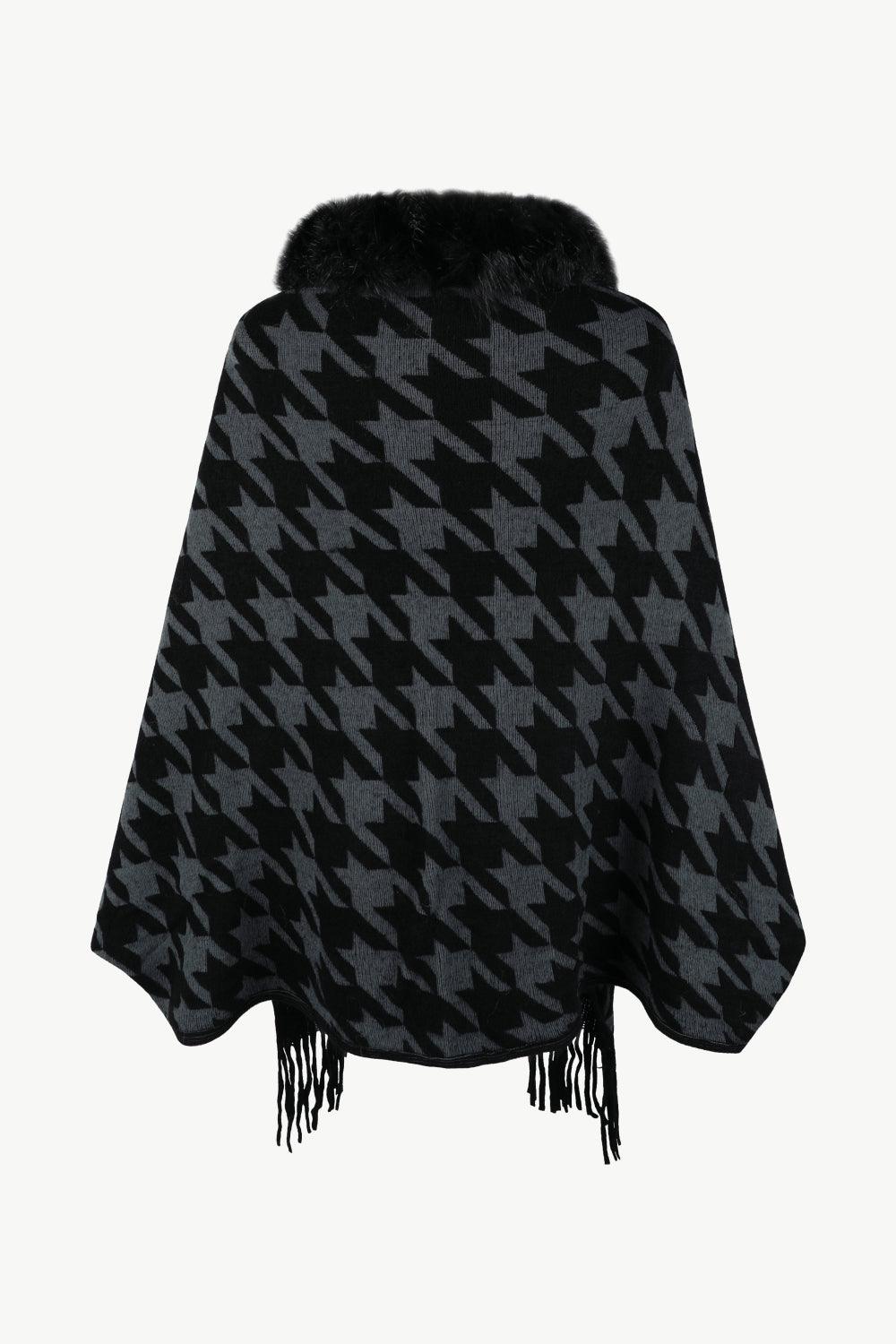 Houndstooth Fringe Hem Poncho