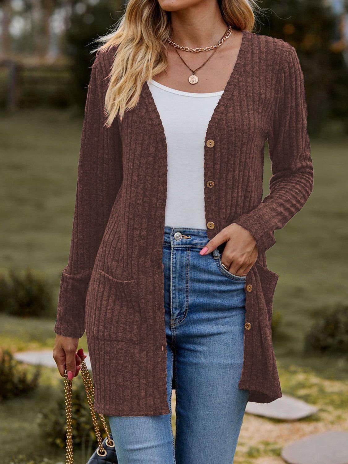 Ribbed Button Up Long Sleeve Cardigan