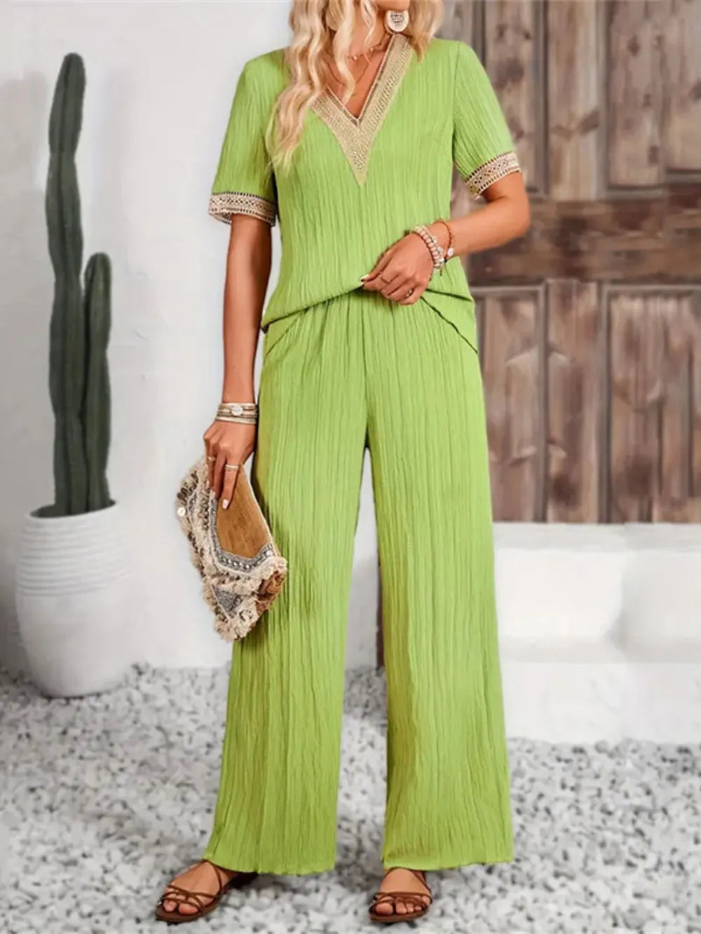 V-Neck Short Sleeve Top and Pants Set Carauana Store