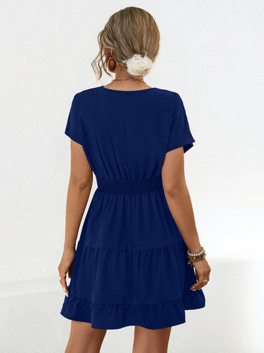 Ruffled Smocked V-Neck Tiered Dress Carauana Store