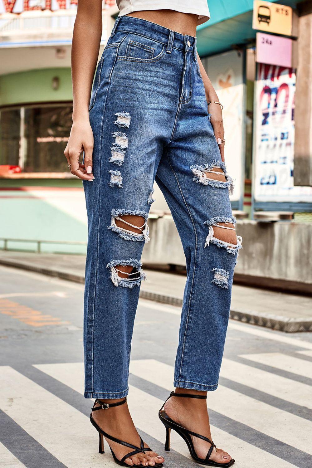 Distressed High Waist Straight Jeans