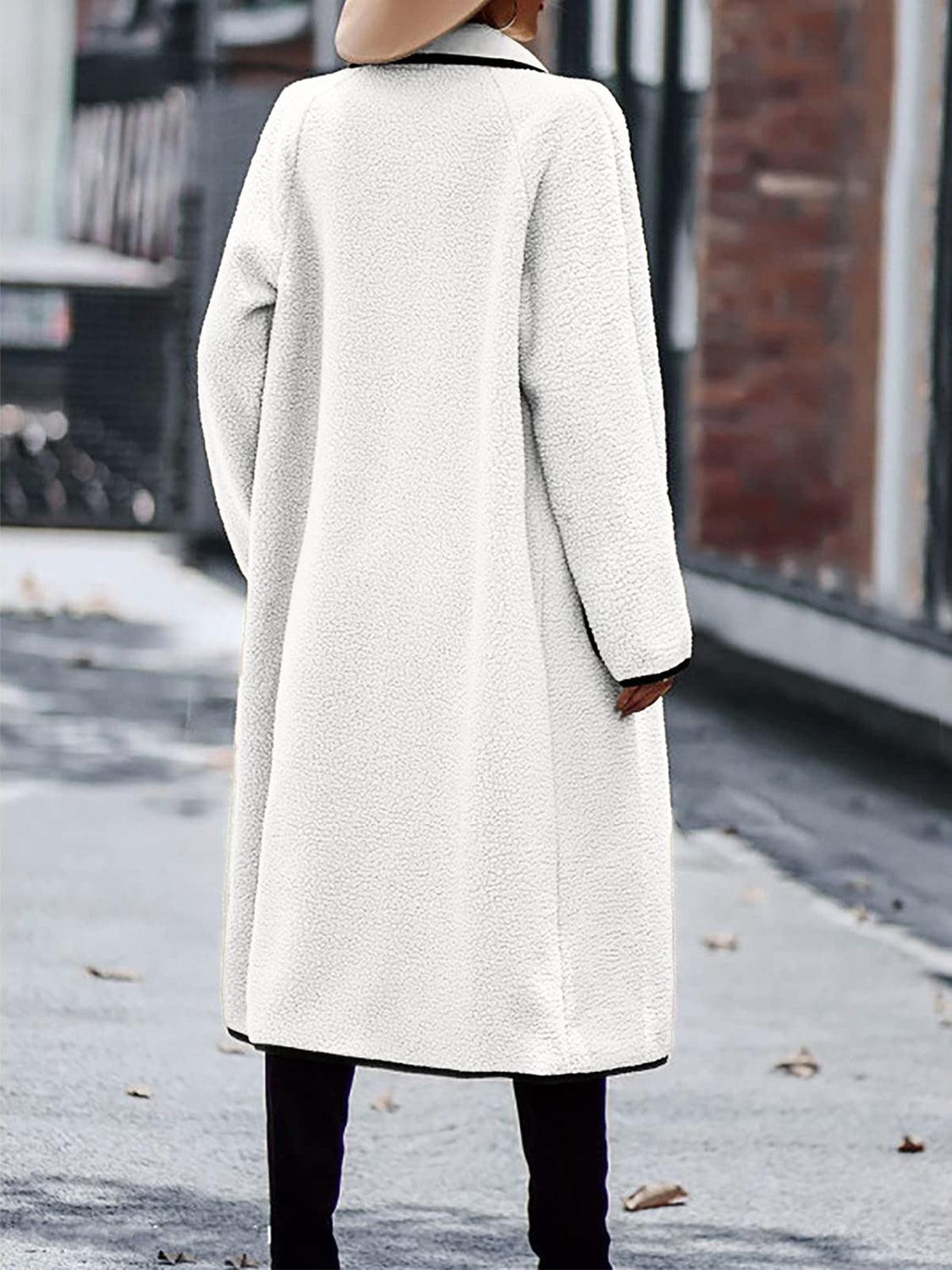 Full Size Contrast Trim Long Sleeve Coat with Pockets