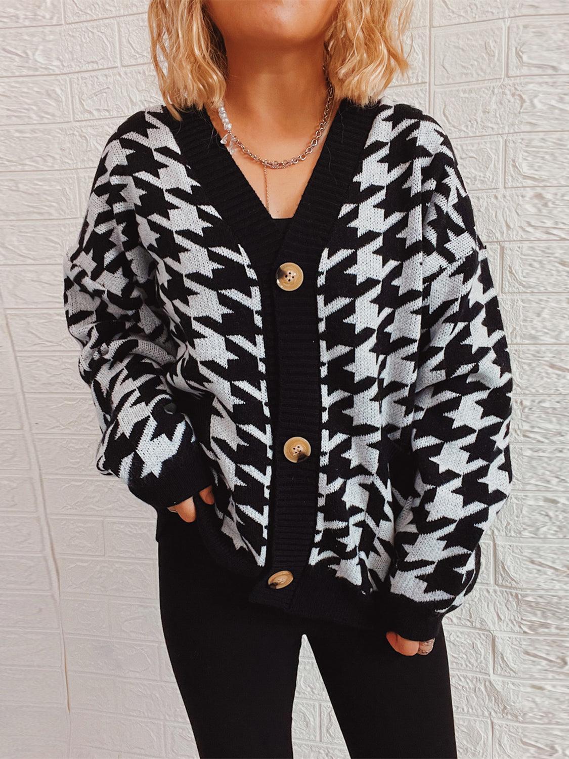 Houndstooth Botton Front Cardigan with Pockets