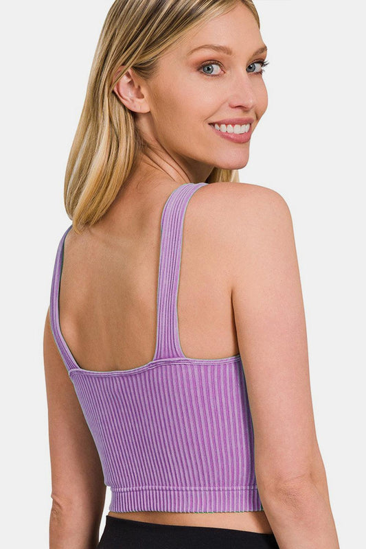Zenana Washed Ribbed Cropped Bra Padded Tank Carauana Store