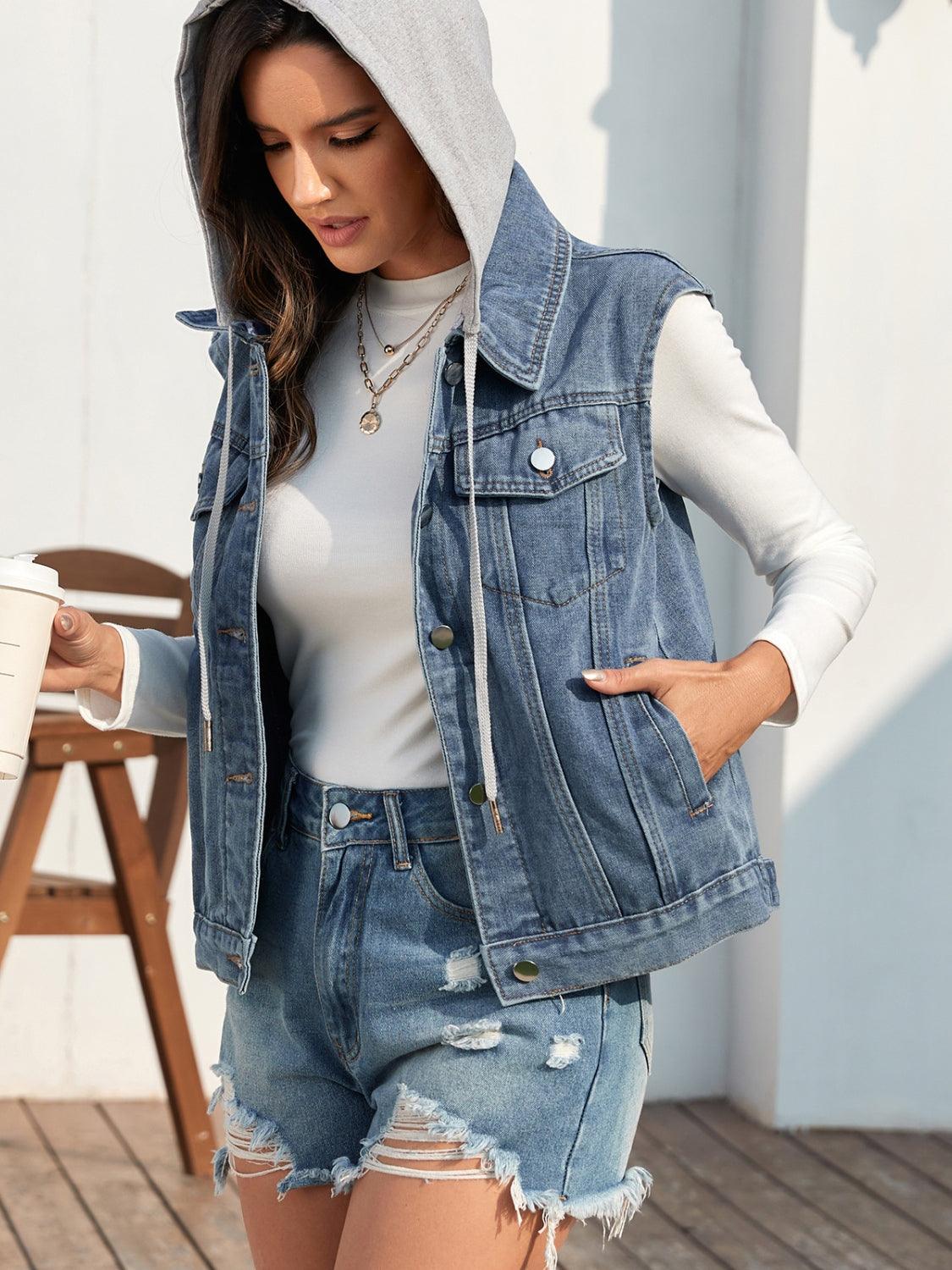 Pocketed Button Up Hooded Denim Jacket