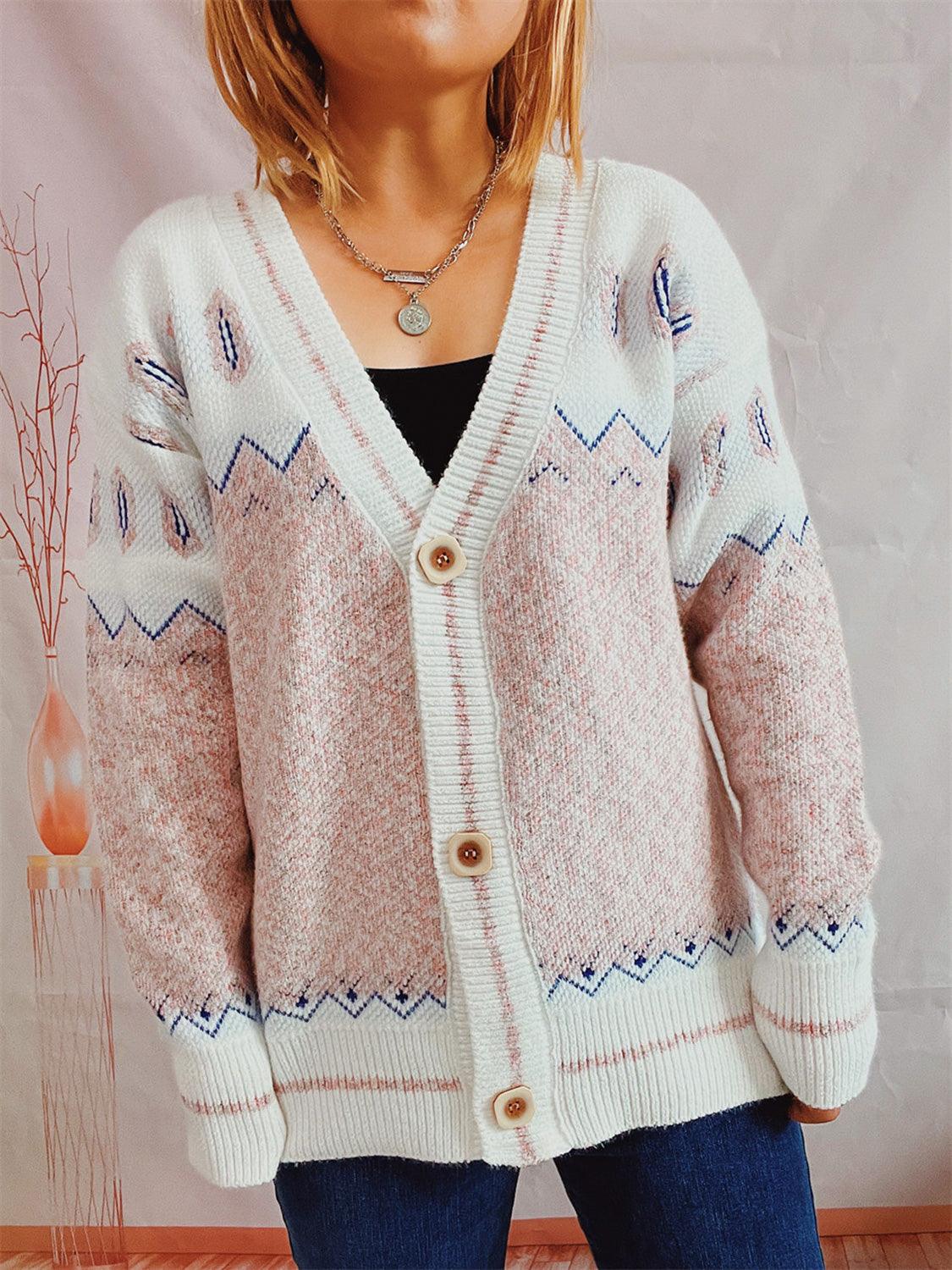 Geometric Button Front Long Sleeve Cardigan