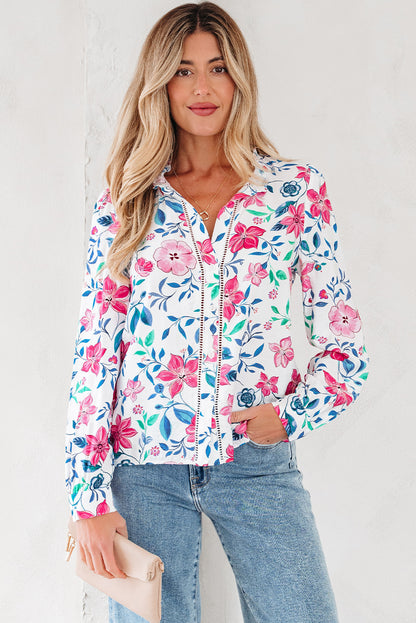 Pink Floral Print Lace Detail Button-up Long Sleeve Shirt