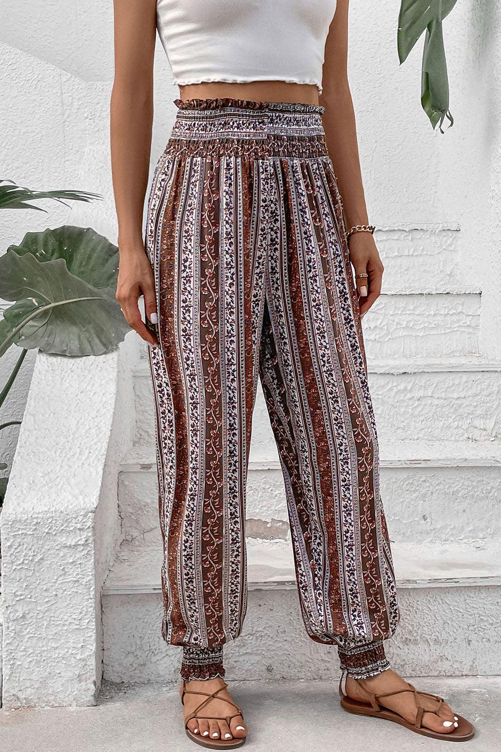 Smocked Printed High Waist Pants