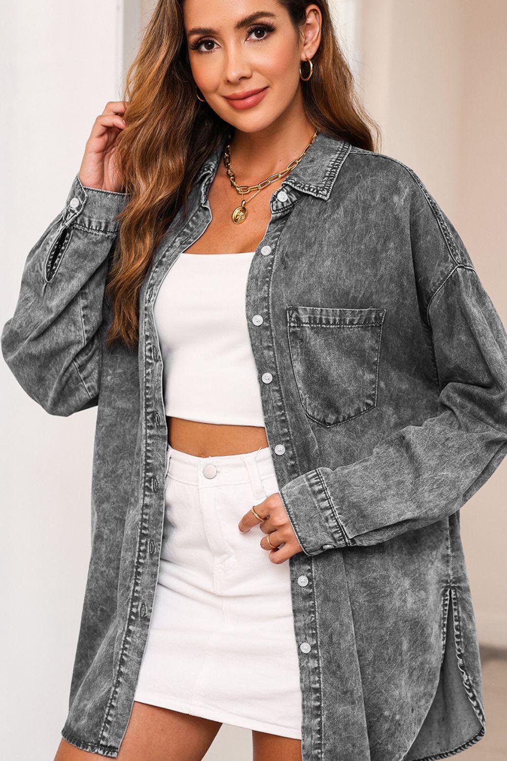 Button Up Dropped Shoulder Denim Top