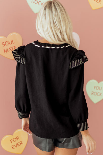 Black Contrast Stitched Detail V Neck Ruffle Long Sleeve Blouse