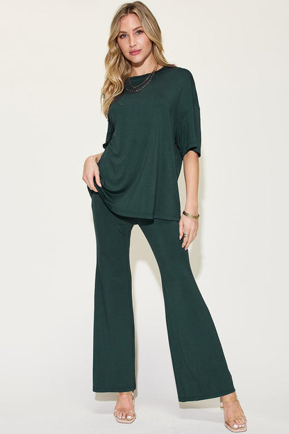 Basic Bae Full Size Bamboo Drop Shoulder T-Shirt and Flare Pants Set