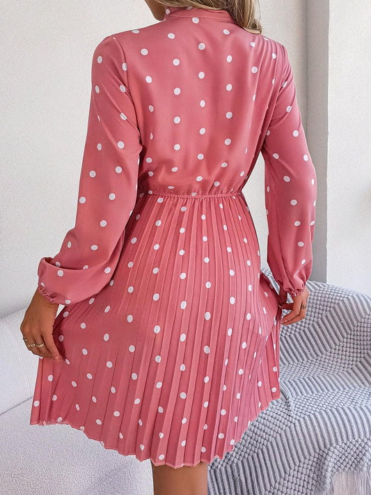 Polka Dot Tie Neck Pleated Dress Carauana Store