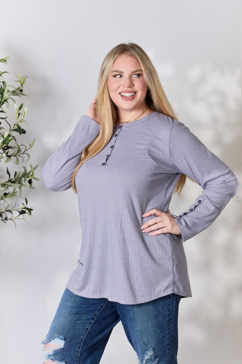 Heimish Full Size Texture Half Button Long Sleeve Top