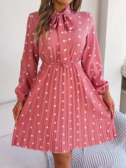 Polka Dot Tie Neck Pleated Dress