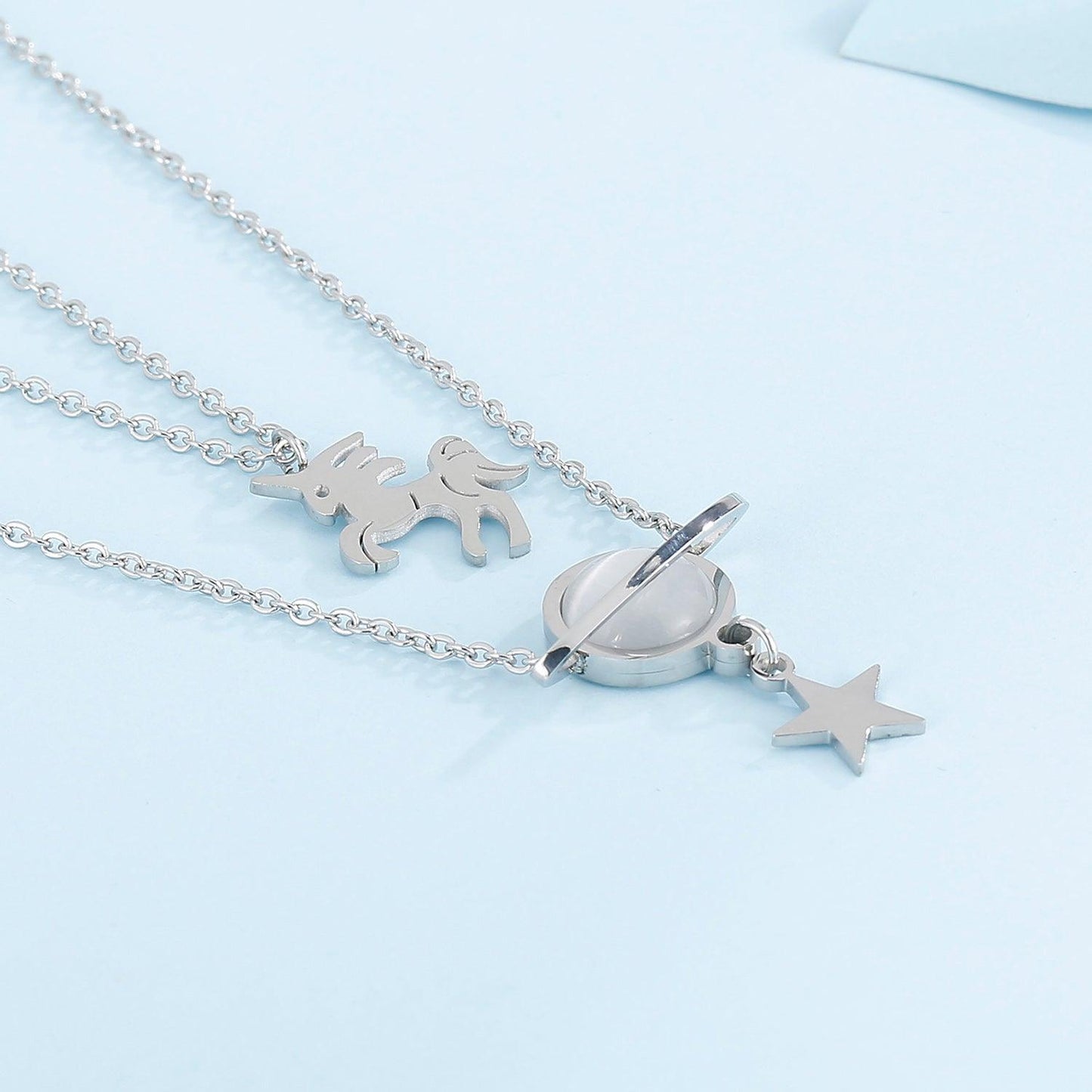 Unicorn and Star Shape Double-Layered Pendant Necklace