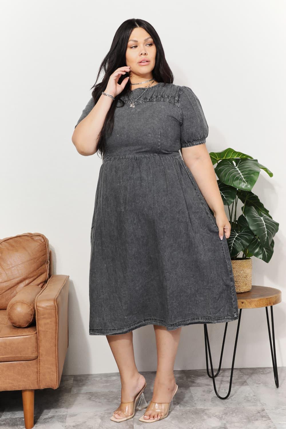 And The Why Full Size Washed Chambray Midi Dress