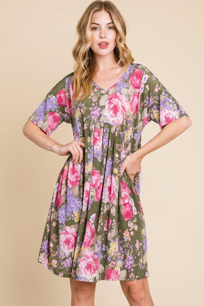 BOMBOM Flower Print V-Neck Ruched Dress